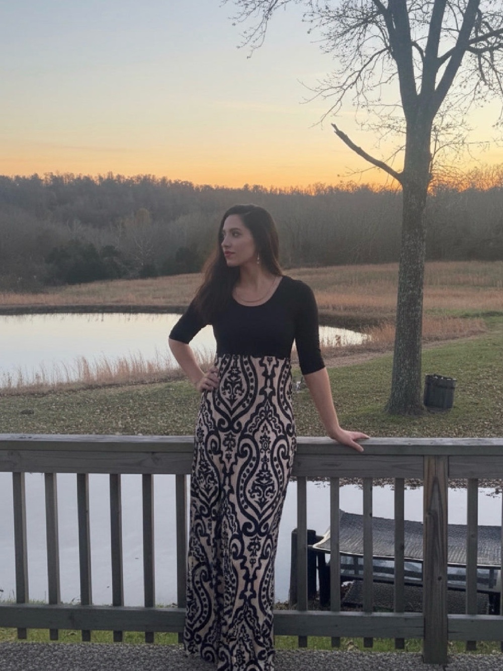 Beautiful taupe and black arabesque maxi dress